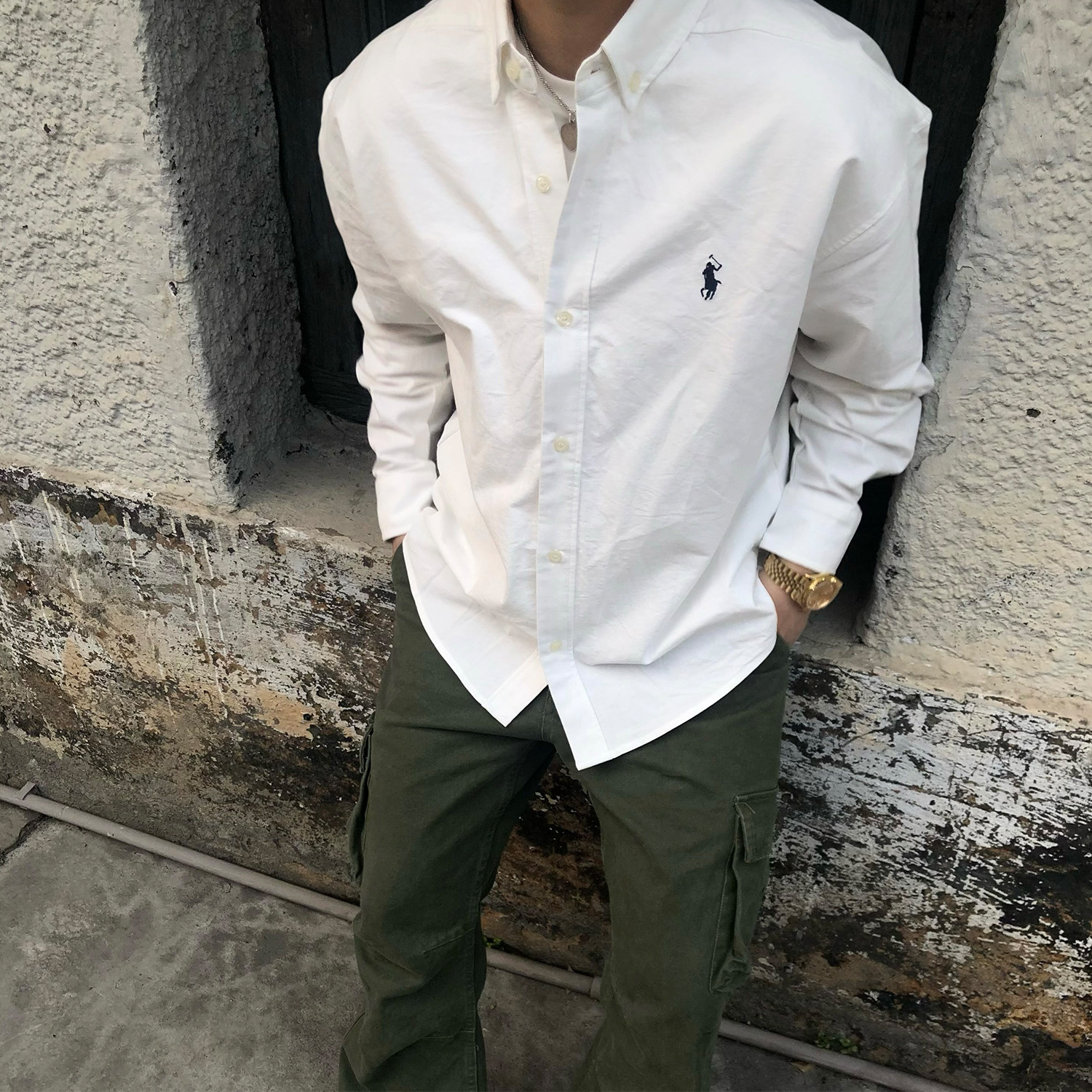 TZG白色RL牛津纺polo长袖衬衫男