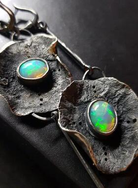 Vintage Fire Opal Stone Drop Dangle Earrings Asymmetry Long