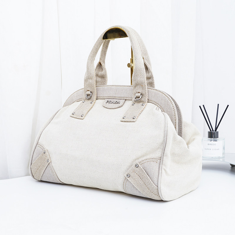 【98新】普拉达/PRADA女包米白色帆布蛙口手提包,淘宝优惠券,粉丝福利购,淘宝优惠卷