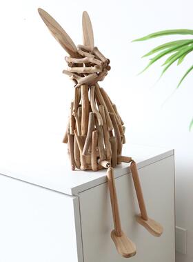 手工创意卡通实木质兔子客厅装饰玄关软装书架桌面装饰品坐姿摆件