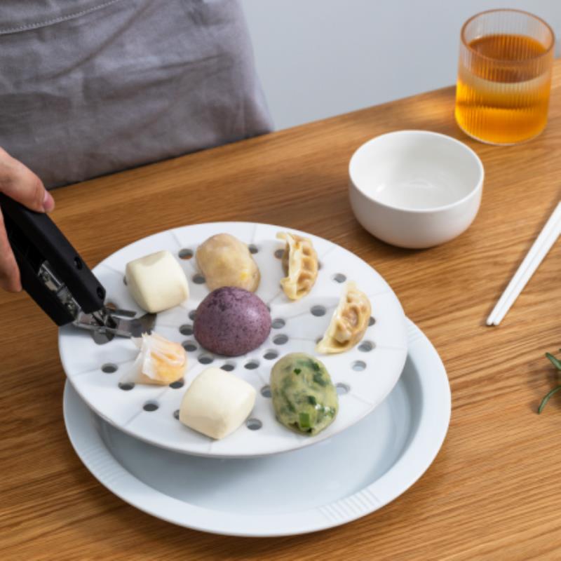 陶瓷饺子盘多孔蒸盘沥水盘隔水蒸架水果盘菜盘蒸蒸格篦子蒸片圆形