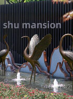 彷铜仙鹤抽象雕塑玻璃钢庭院大型水池装饰园林景观小品丹顶鹤摆件