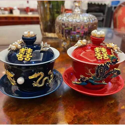 婚庆敬酒结茶具杯套装敬茶敬茶茶具红色碗敬茶用品杯子敬酒托盘喜 - 图1
