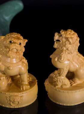 黄杨木雕工艺品摆件客厅盘玩手把件醒狮文玩送礼家居装饰品对狮