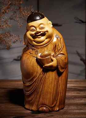 高端中式地主摆件客厅财神爷雕塑仿木雕茶几博古架装饰品桌面摆设