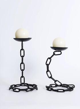 简约现代侘寂风复古铁链烛台中古风铁艺烛台锁链样板间售楼处玄关