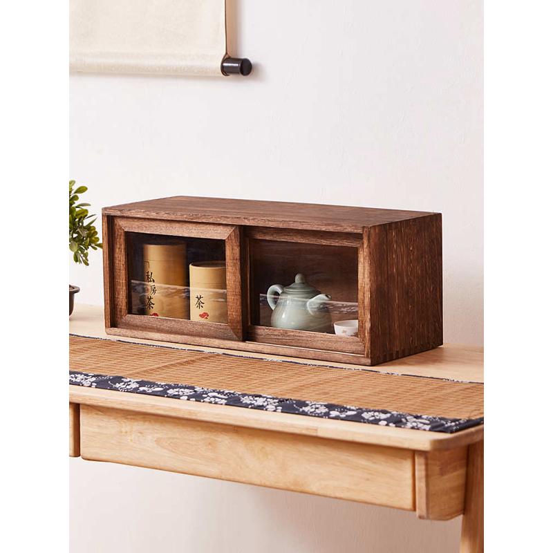 A947 solid wood tea set storage box desktop storage rack storage cabinet sliding door tea cabinet dustproof sliding door tea cup storage cup storage