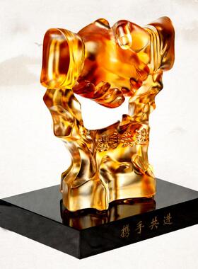 琉璃握手摆件携手共进诚信合作公司办公室书房工艺品新中式摆件