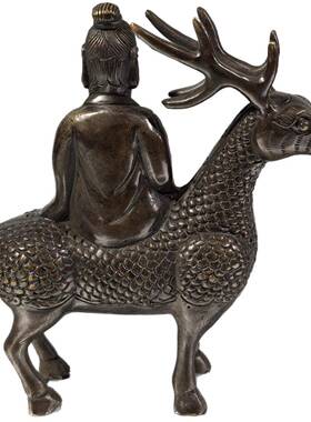 古玩铜器铜鎏金指鹿仙人手工堑刻做工精美工艺精湛居家摆件梅花鹿