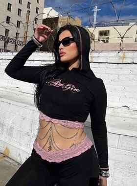 Women's Letter Print Contrast Lace Zip Up Hooded Top & Pants