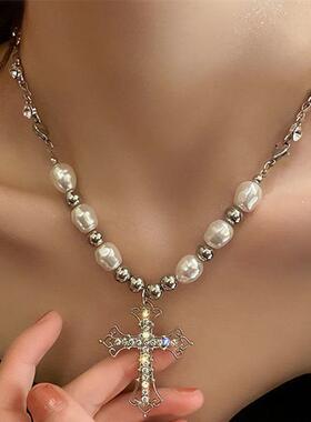 Fashion ins wind hip hop retro pearl necklace Christian cros