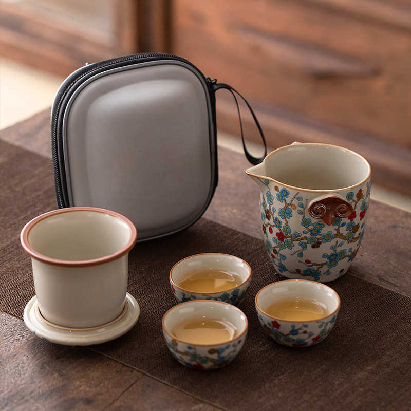 寻器高档汝窑金梅快客杯陶瓷旅行茶具一壶三杯户外便携式茶杯套装,淘宝优惠券,粉丝福利购,淘宝优惠卷