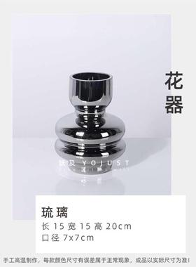 妖及轻奢酒店花艺样板间售楼部银色玻璃花器蓝色白色创意餐桌花束