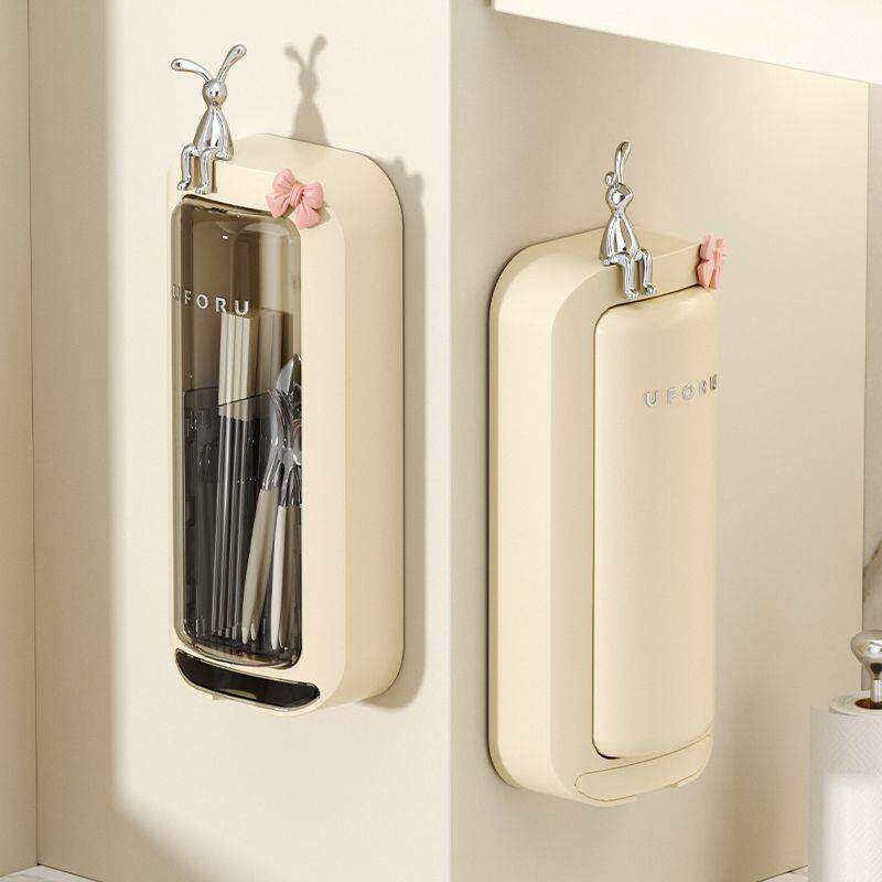 Chopstick barrel wall-mounted chopstick storage box with cover chopstick cage draining dust-proof punch-free tableware spoon storage rack