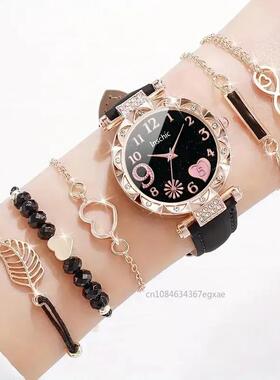 6PCS Set Watch For Women Leather Analog Ladies Quartz Wrist