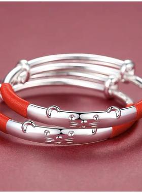 高档猪宝宝足银999纯银手镯岁子儿满童男女小孩月礼婴银饰品周生