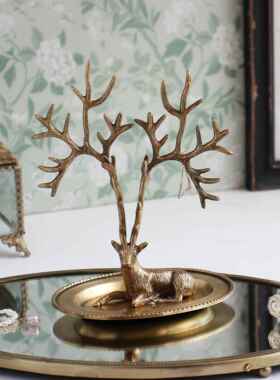 印度进口纯铜装饰麋鹿托盘桌面整理收纳首饰盒金色覆古手工礼品