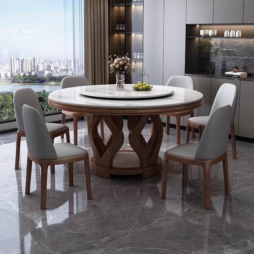 意式高端岩板实木餐桌椅组合家用小户型现代简约圆形带转盘饭桌子 - 图3