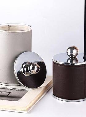 现代轻奢摆件金属皮革圆形珠点收纳罐首饰盒样板间卧室民宿装饰品