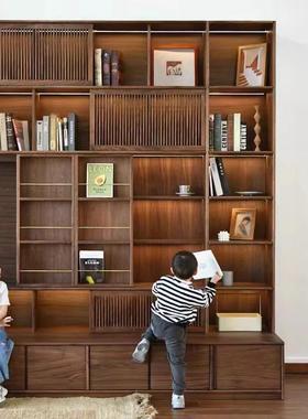 北美黑胡桃木全实木客厅满墙到顶书柜北欧日式书房原木收纳展示柜