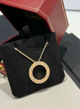 【公价6.95】99新卡地亚玫瑰金满钻圆饼项链正品二手B7224527