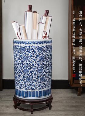 景德镇陶瓷器书画收纳缸中式字画桶卷轴缸书房客厅落地大花瓶摆件
