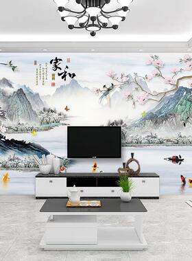 新中式电视背景墙壁布3d立体壁画客厅山水画壁纸影视墙布自粘墙纸