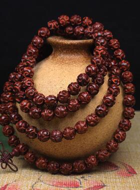 2026佛珠 赞比亚小叶紫檀莲花祥云 手工血檀雕刻108颗莲花珠长条