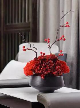 红色HY1031发财果摆真花艺仿中国风餐厅圆桌装品饰桌花公司前台新
