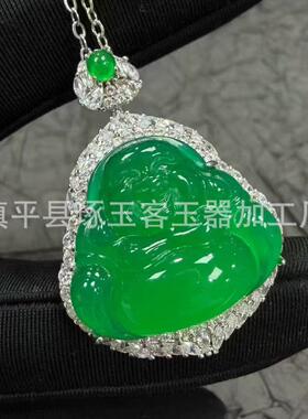 2026镀银镶嵌高冰帝王绿玉髓佛公吊坠翡翠阳绿色玉石弥勒佛项链吊
