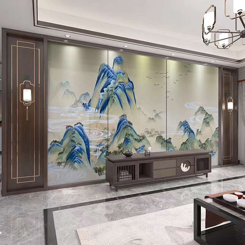 制定电视护墙板床头卧室中式 刺绣硬墙山水新沙发壁背景包客厅布 - 图0