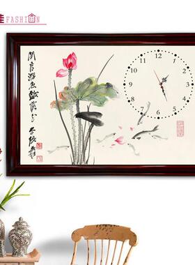 电表箱装饰画带钟表新中式实木配电箱免打孔液压上翻中国画遮挡画