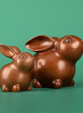 紫铜中式玉兔摆件生肖兔母子兔铜工艺品家居办公室装饰品开业礼品