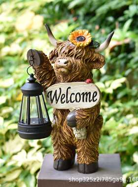 跨境太阳能高地牛摆件牦牛花园雕像户外园林装饰园艺树脂工艺品