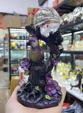 水晶球底座树脂工艺品喜上眉梢摆件喜鹊球拖摆件桌面办公装饰品