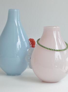 法式中古小口大肚子玻璃花瓶ins氛围桌面电视柜软装水培彩色花瓶