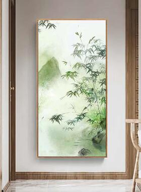 网红芬村手绘画新中式竹报风平安墨绿色客厅画装饰玄关油竹大子景