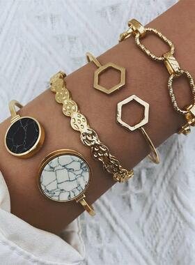 Punk Metal Marble Geometric Bracelet Set Women