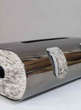 现代轻奢枪色不锈钢马毛纸巾盒样板间餐厅茶几桌面创意抽纸盒酒店