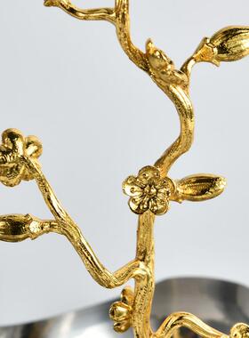 轻奢别墅金枝散叶三格不锈钢果盘沙拉盘欧式轻奢样板间拍摄摆件