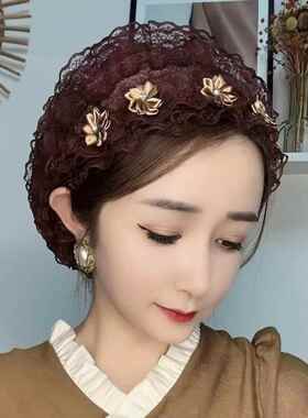 帽子遮白发的头饰新款春秋头巾女士蕾丝美人帽回民妈妈老人防晒阳