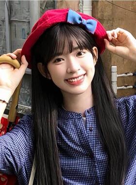 红色渔夫帽日系小丸子蝴蝶结甜美女可爱盆帽显脸小夏季遮阳帽文艺