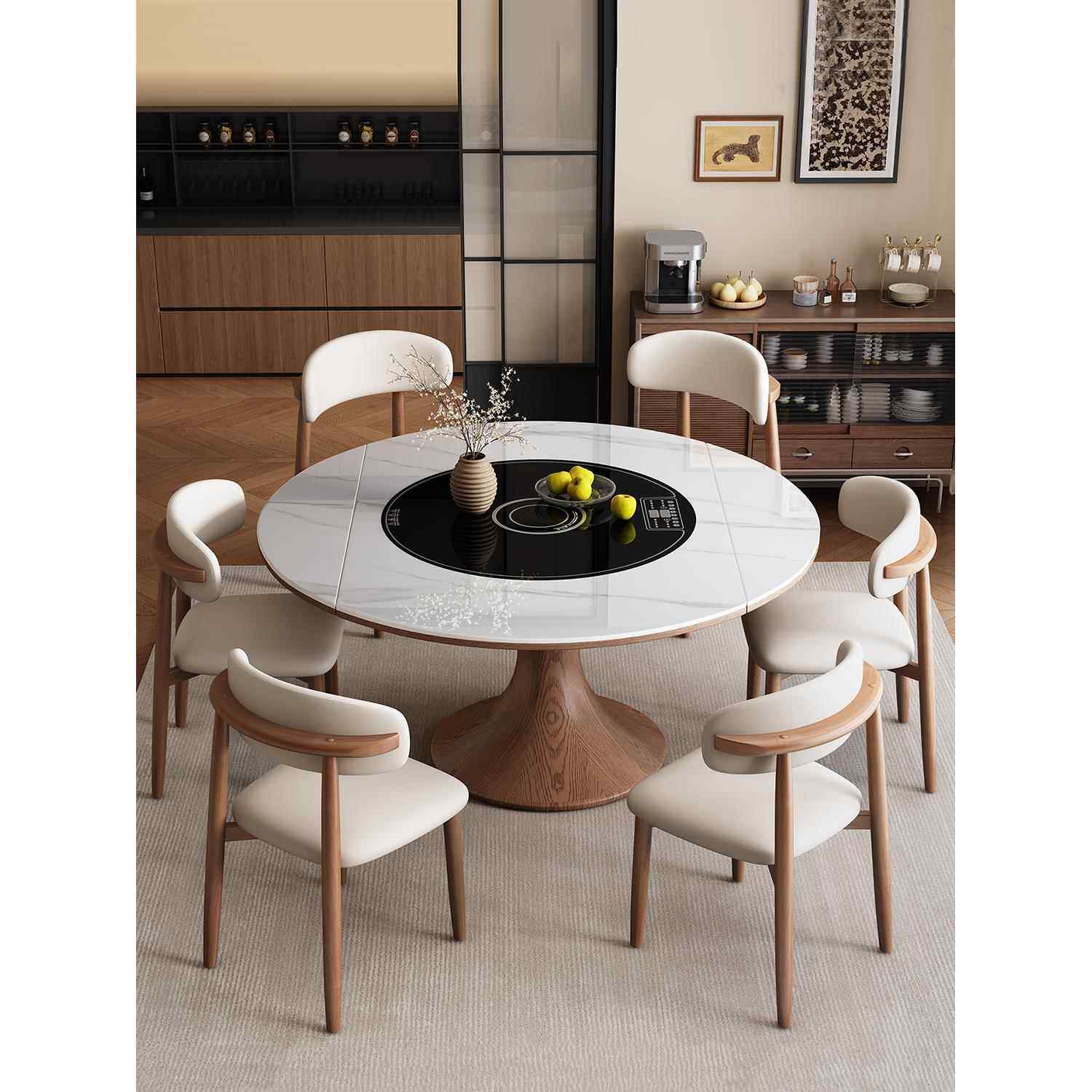 高端实木岩板伸缩折叠内嵌电磁炉餐桌椅家用小户型方圆两用大圆桌,淘宝优惠券,粉丝福利购,淘宝优惠卷