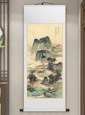 张大千晴霭仙阁玄关画名家卷轴挂画新中式客厅装饰画办公室山水画