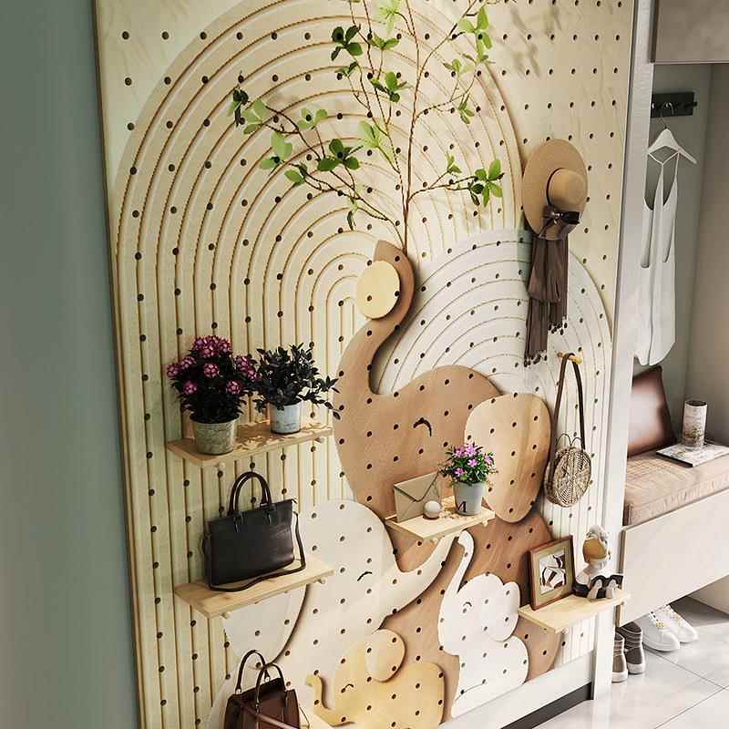 Customized entrance hall elephant solid wood hole board storage rack creative wall decoration storage shelf blocking shape