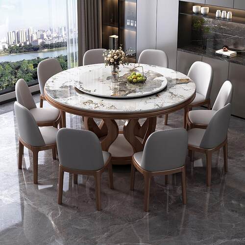 意式高端岩板实木餐桌椅组合家用小户型现代简约圆形带转盘饭桌子 - 图0