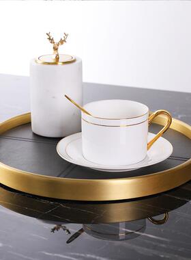 纯铜黑色皮革圆托盘轻奢复古美式果盘装饰品家居客厅餐桌茶具收纳