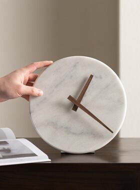 高档爵士白大理石办公室柜子时钟桌面钟表轻奢现代装饰摆件