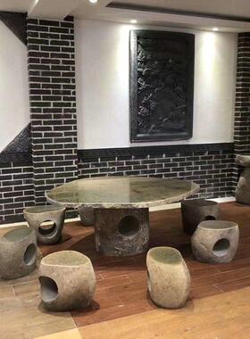 石桌石凳户外别墅庭院花园家用室外天然石头青石溪石中式桌子凳子