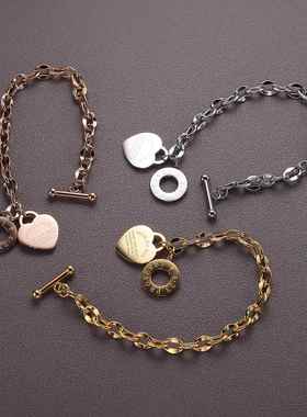 欧美跨境热销时尚百搭不锈钢桃心吊牌 钛钢手链日字扣手链